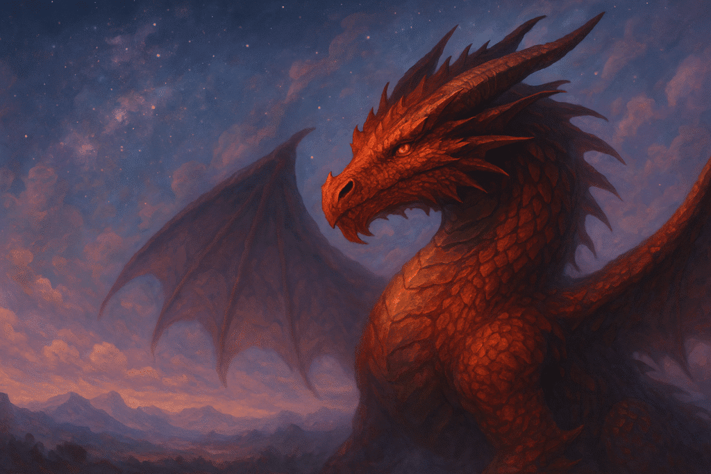 Dragón rojo sobre fondo onírico
