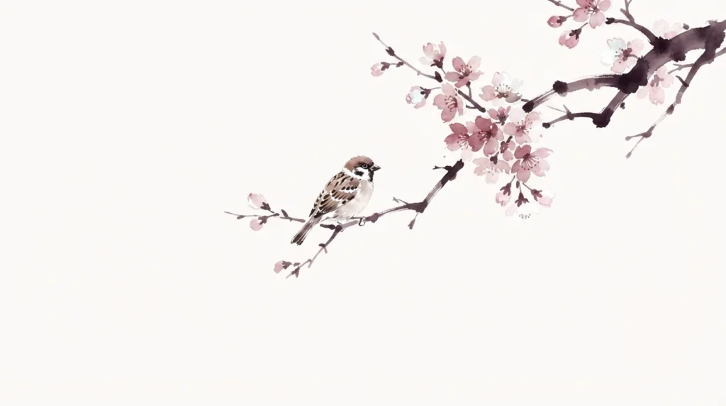 Gorrión posado en una rama de cerezo en flor, ilustración estilo acuarela japonesa.